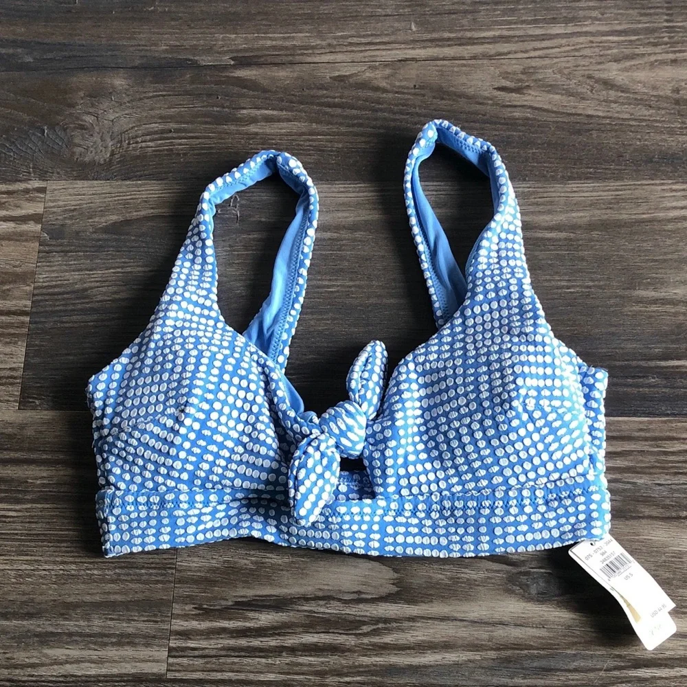 NWT Aerie Scoop Knot Front Bikini Top Blue White Jacquard Polka Dot